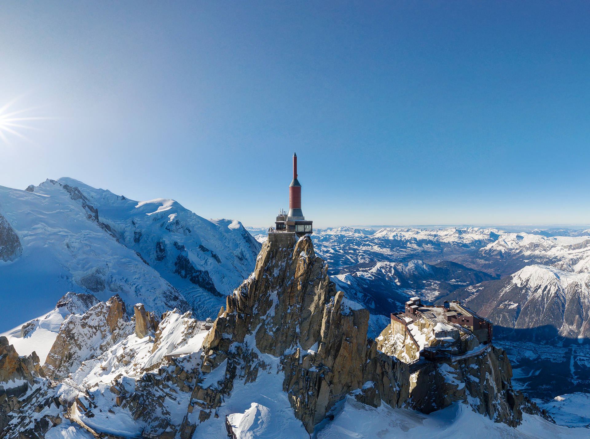 Aiguille du Midi and the Mont Blanc massif at high altitude