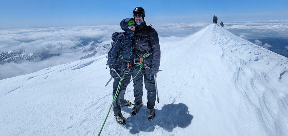 Guided climbers on Mont Blanc in winter conditions