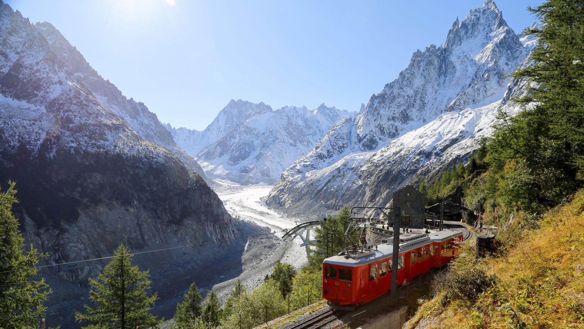 Montenvers train overlooking the Mer de Glace in summer