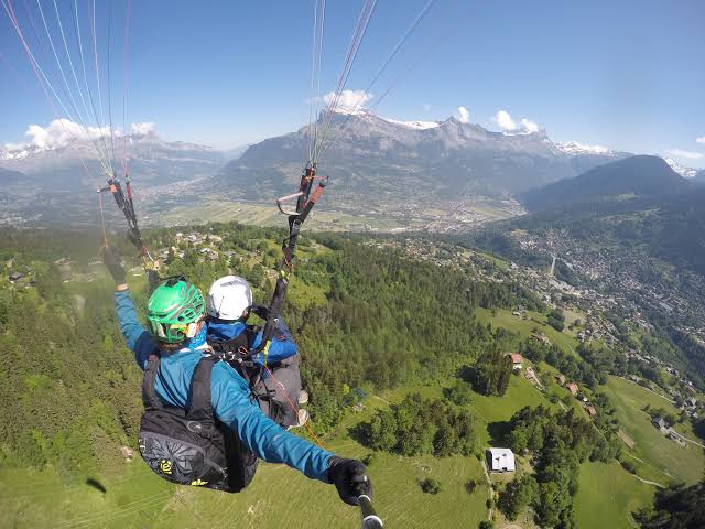 Tandem paragliding above Saint-Gervais