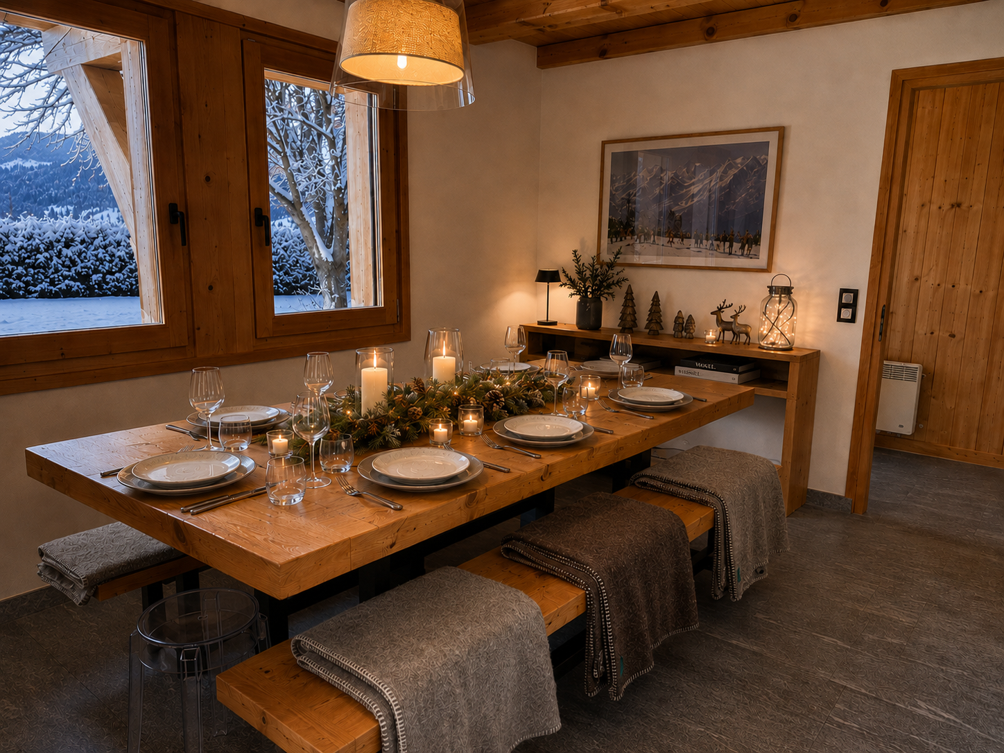 Fleurs des Roches dining room prepared for a winter dinner