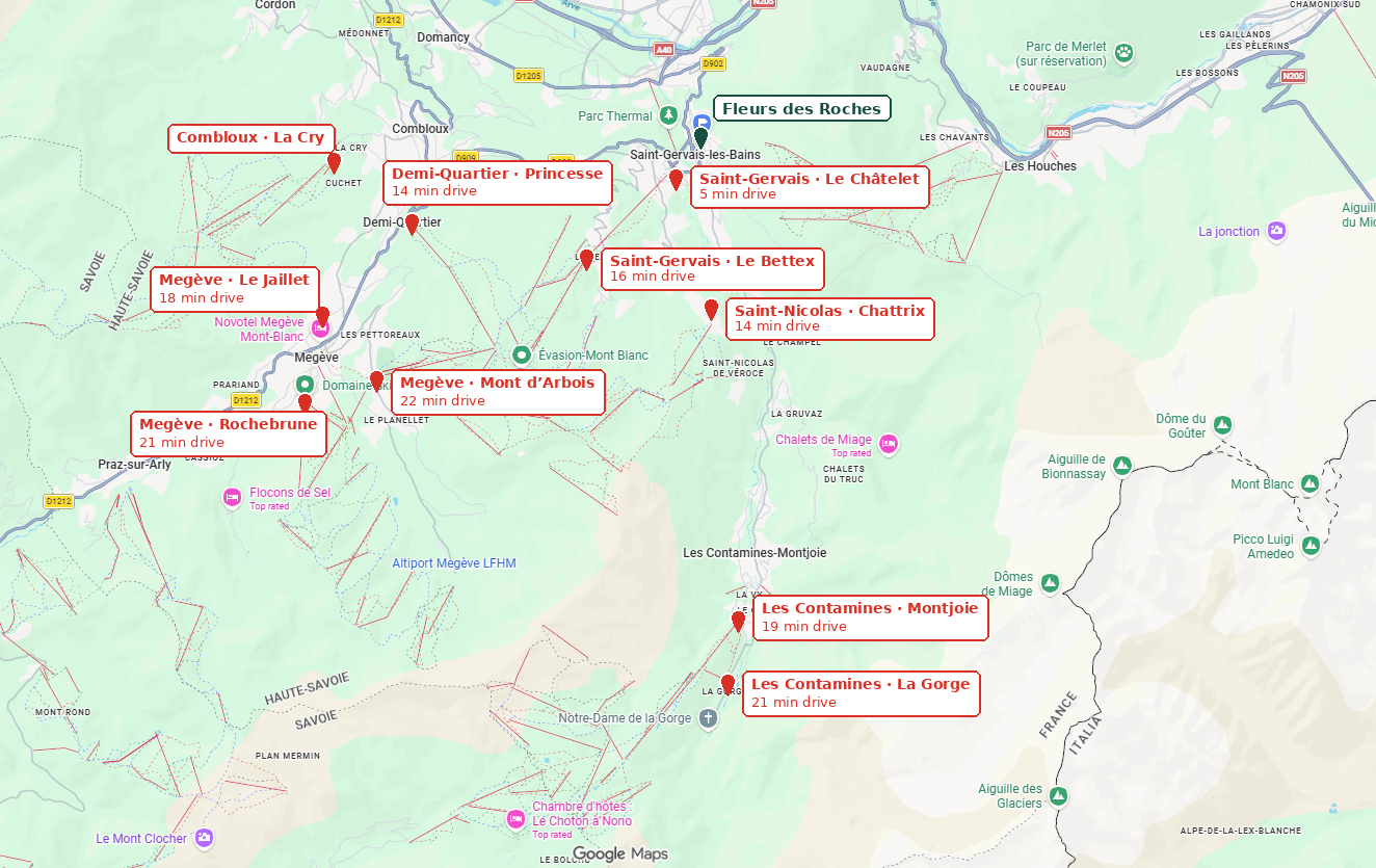 Évasion Mont-Blanc map showing the main ski access points and driving times from Fleurs des Roches