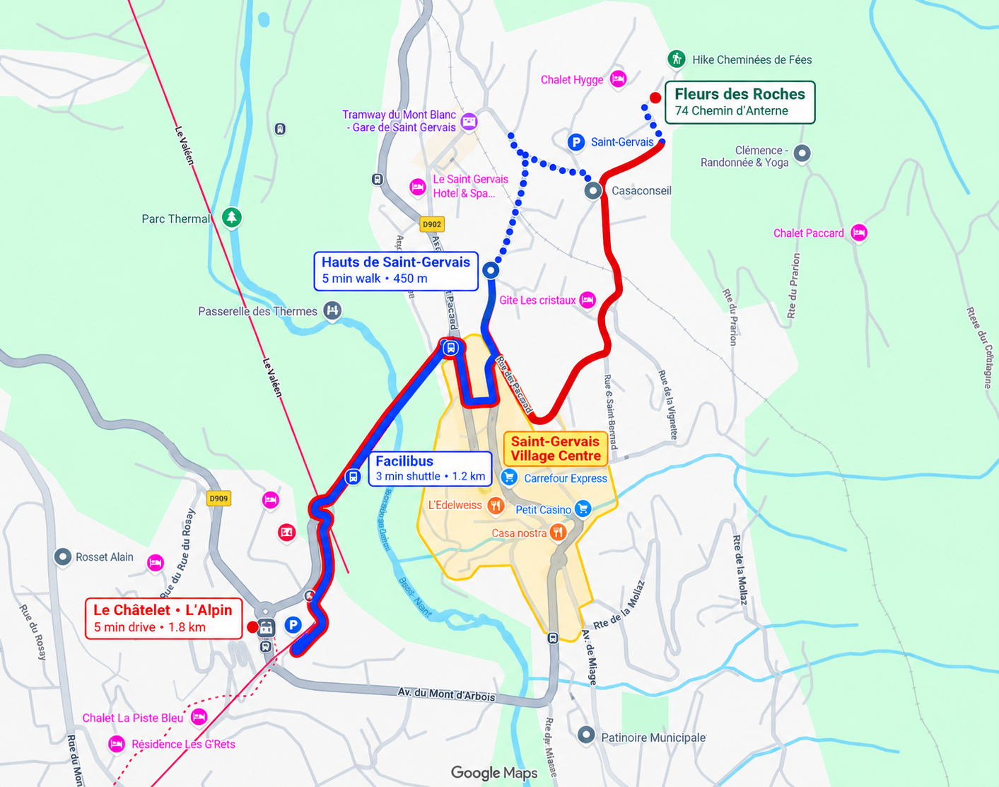 Local Saint-Gervais map showing walking, Facilibus shuttle and driving access from Fleurs des Roches to Le Châtelet