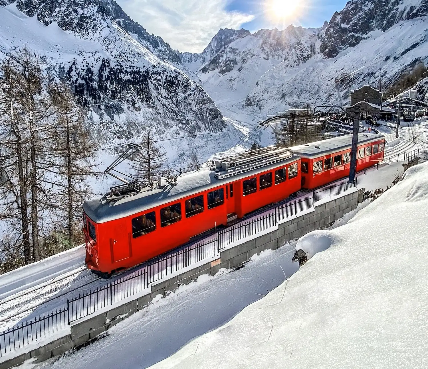 Montenvers train overlooking the Mer de Glace in winter