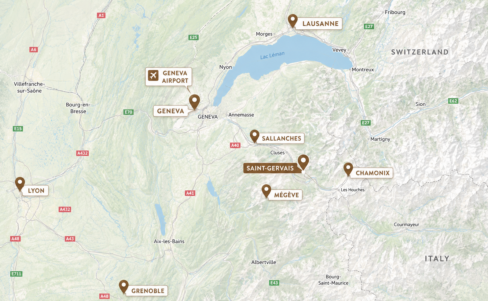 Regional road map showing Saint-Gervais between Geneva, Annecy, Megève and Chamonix