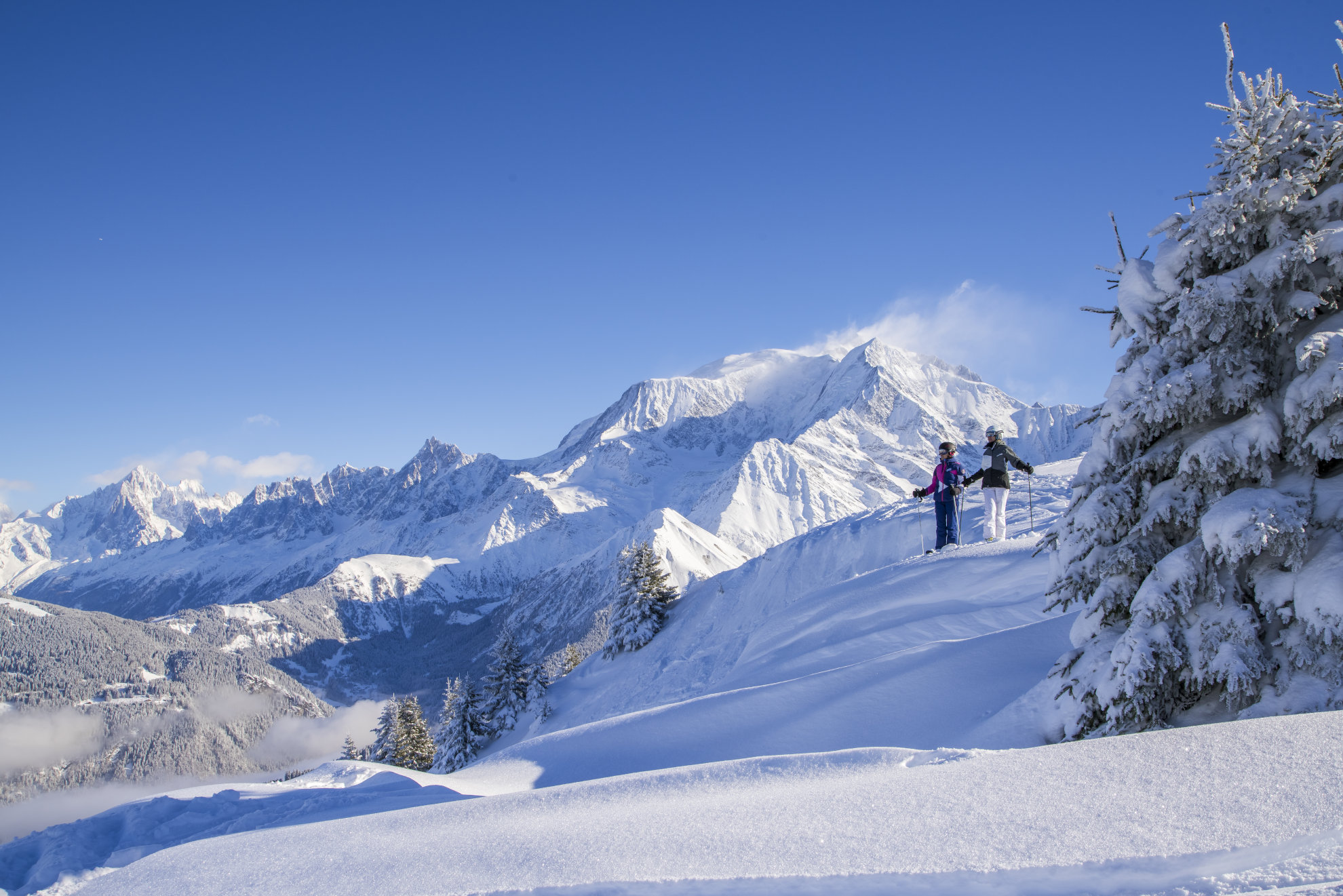 Skiing above Saint-Gervais with Mont Blanc views