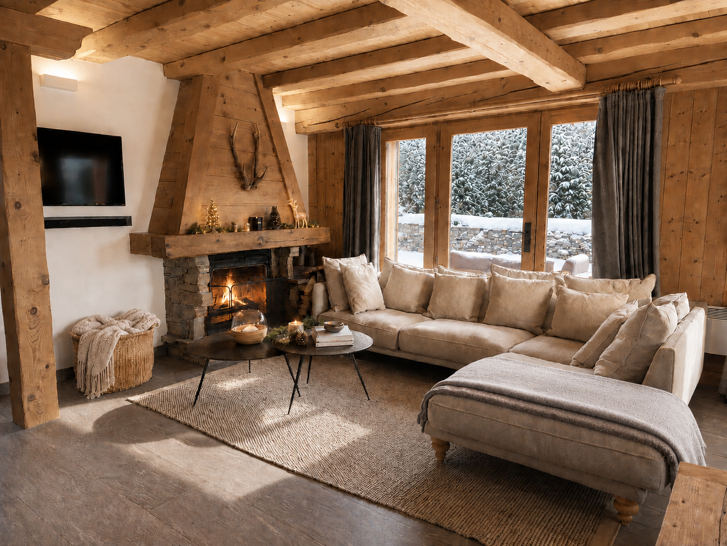 Fleurs des Roches lounge in winter with a log fire